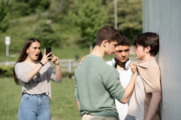 a teen bullies another child in front of others at school