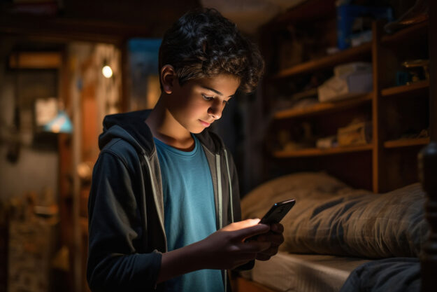 a teen stays up all night addicted to his electronics